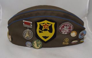 Vintage Soviet Union Russian Army Pilotka Hat Garisson Cap W/11 Pins
