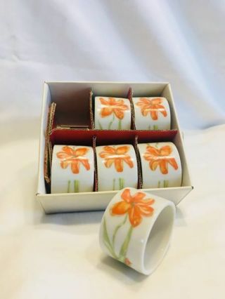 Vintage Tivoli Toscany Napkin Rings,  Set Of 6,  Flower Pattern.  Made In Japan