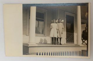Rppc Real Photo Postcard Two Young Girls Standing On Porch Sisters Vintage