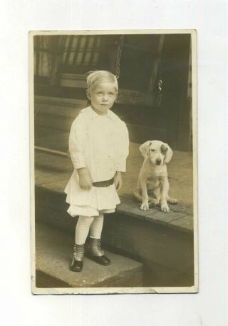 Vintage Real Photo Postcard Young Boy W/ Pet Puppy Dog Cute Animal Antique