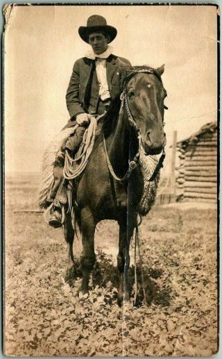 1910s Vintage Rppc Real Photo Postcard Cowboy W/ Rope On Horse In Corral Creased