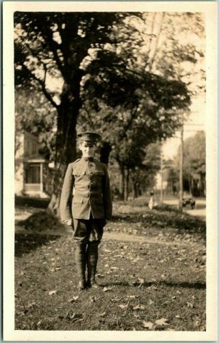 1910s Vintage Rppc Real Photo Postcard Young Soldier Uniform / House Front Yard