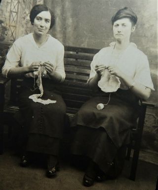 Vintage Circa 1915 Rrpc Of Two Woman Sitting On A Bench Knitting/ Photo Postcard