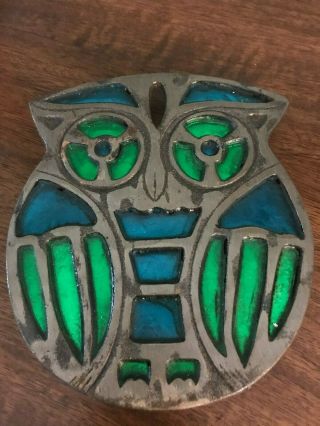 Vintage Footed Metal Blue Green Stained Glass Owl Trivet Wall Hang Art 5” 2