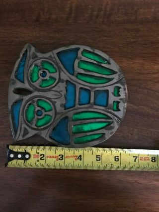 Vintage Footed Metal Blue Green Stained Glass Owl Trivet Wall Hang Art 5” 3