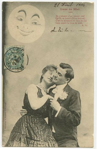 C 1904 Man In The Moon Paper Romance Couple Romantic Vintage Photo Postcard