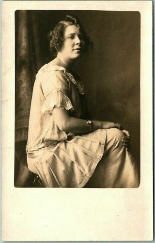 Vintage Rppc Real Photo Postcard Young Woman / Studio Portrait C1910s