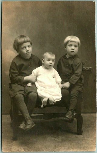 Vintage Rppc Real Photo Postcard 3 Children Siblings Studio Portrait Baby C1920s