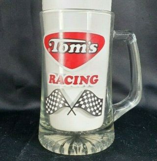 Vtg Toms Racing Heavy Glass Beer Stein Mug Handle Thick Bottom Checkered Flags