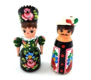 Vintage Hand Painted Wood Salt Pepper Shakers Man Woman Couple Made In Chile