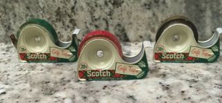 3 Vintage Advertising Scotch Tape Tin Metal Dispenser Christmas Gift Tape