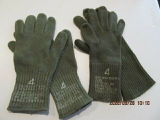 (2 Pr) U.  S.  Military Field Knit Gloves O.  D.  Size 4,  1976 & 1969 Vietnam Era Usgi