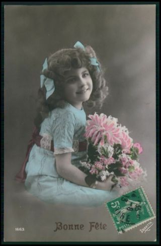 Pretty Edwardian Child Girl Blue Ribbon Vintage 1910s Photo Postcard A