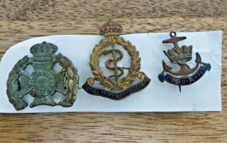 3 Military Cap Badges Including Royal Navy And Medical Corp (7c)
