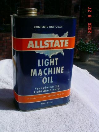 Vtg Allstate One Quart Can Light Machine Oil 4408 Tin Can Sears Roebuck Co