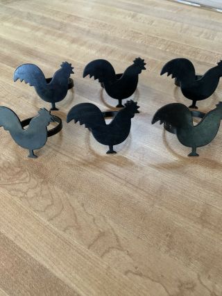 Vintage Farm Animal Rooster Set Of 6 Black Metal Napkin Rings