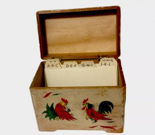 Vintage 50s Wood Red Fighting Roasters Recipe File Box Index Cards Evc