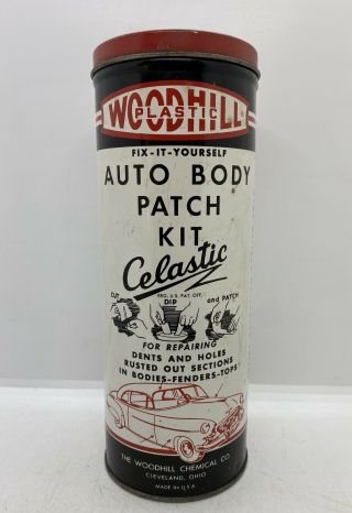 Old Gas & Oil Vintage 1950 Woodhill Plastic Auto Patch Kit Advertising Tin Can