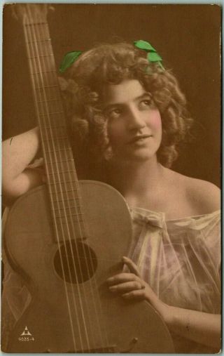 Vintage 1910s Rppc Real Photo Postcard Pretty Girl W/ Guitar Tinted Photo Europe