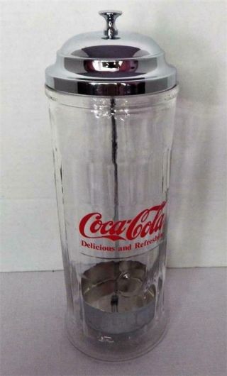 Vintage Coca Cola Diner Style Glass And Chrome Straw Dispenser Jar 1992