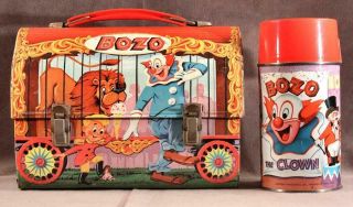 Vintage 1963 Aladdin Bozo The Clown Metal Dome Lunch Box W/ Thermos Circus Wagon