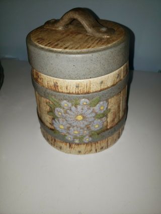Vintage Cookie Jar - Ceramic - Wood Barrel Jar W/ Flowers