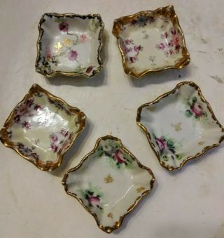 Set Of 5 Vintage Hand - Painted Porcelain Floral Gilt - Edged Open Salt Cellars Dips