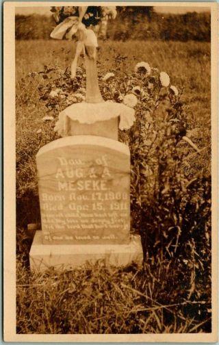 Vintage 1910s Gravestone Cemetery Rppc Real Photo Postcard Grave Of Aug.  Meseke