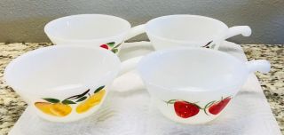 Set Of 4 Vintage White Milk Glass Soup Bowls With Handle Fruit Design 1950 