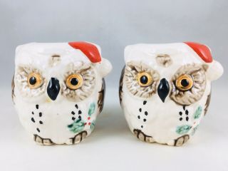 Vintage Christmas Owls Birds Toothpick Holders 2” Japan Hand Painted Ceramic