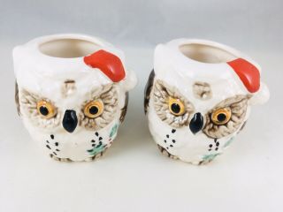 Vintage Christmas Owls Birds Toothpick Holders 2” Japan Hand Painted Ceramic 2