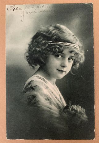 Rppc Real Photo Postcard Young Girl Beads In Hair Vintage 1915
