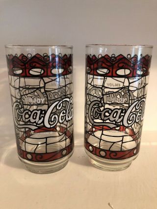 Vintage Coca - Cola Tiffany Style Stained Glass Drinking Glasses Tumblers Set 2