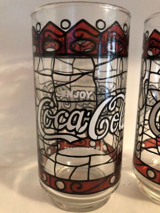 Vintage COCA - COLA TIFFANY STYLE STAINED GLASS DRINKING GLASSES TUMBLERS Set 2 2