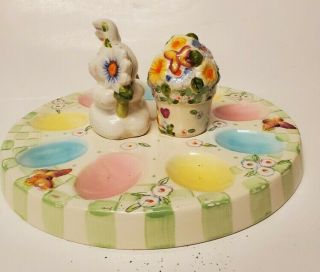 Ceramic Deviled Egg Plate With Salt Pepper Shakers Multicolored Easter Bunny
