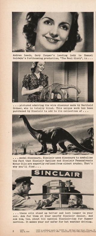 1939 Andrea Leeds The Real Glory Sinclair Dinosaur Berthold Ordner Sculpture Ad