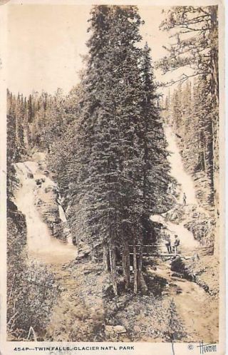 Twins Falls,  Glacier National Park,  Montana Real Photo Rppc Vintage Postcard