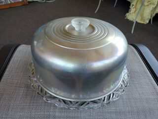 Vintage Round Pressed Clear Glass Cake Plate With Aluminum Cover