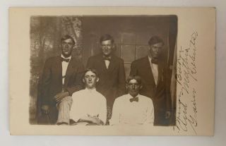 Rppc Real Photo Postcard Five Men In Suits Bow Tie Not Smiling Vintage