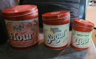 Vtg Red Ballonoff Tin 3 Piece Kitchen Nesting Canister Set Flour Sugar Tea