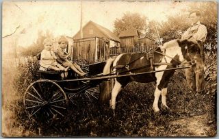 Vintage 1920s Rppc Real Photo Postcard 2 Kids In Pony Cart W/ Dad -