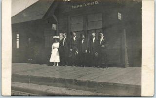 Vintage 1910s Rppc Real Photo Postcard Railroad Depot Scene 5 Young Men & A Lady