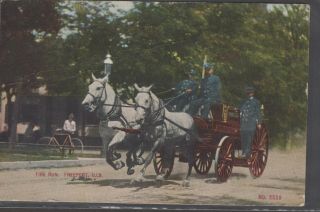Vtg Color Postcard Photo Fire Run,  Freeport Illinois Fire Wagon Colorized 1910