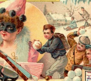 C 1897 Liebig S - 530 Children Snowball Fight Clowns Mask Victorian Trade Card