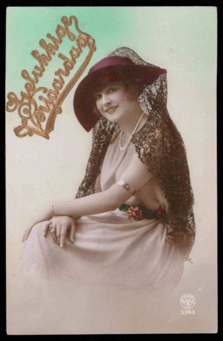 Art Deco 1920s Vintage Photo Postcard Romance Lady Embroid Hat Smile