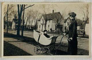 Vintage Rppc Real Photo Postcard - Nanny With Child In Baby Pram