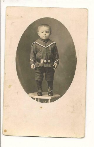 Vintage Real Photo Pc;little Boy Dressed In Navy Outfit; Ankle - High Button Shoes