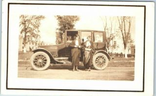 Vintage 1920s Rppc Real Photo Postcard 2 Ladies W/ Family Automobile -