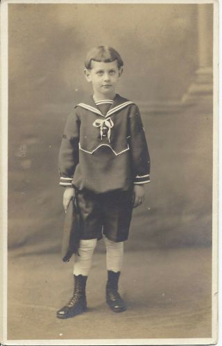 699p Vintage Rppc Adorable Little Boy In Sailor Suit W Hat Real Photo Postcard