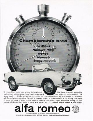 1962 Alfa Romeo White Giulietta Spider Stopwatch Vintage Ad